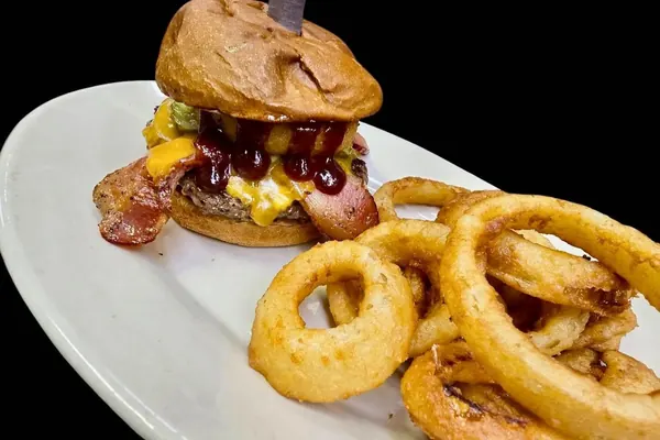 Burger and onion rings from Lake Tansi Restaurant and Lounge