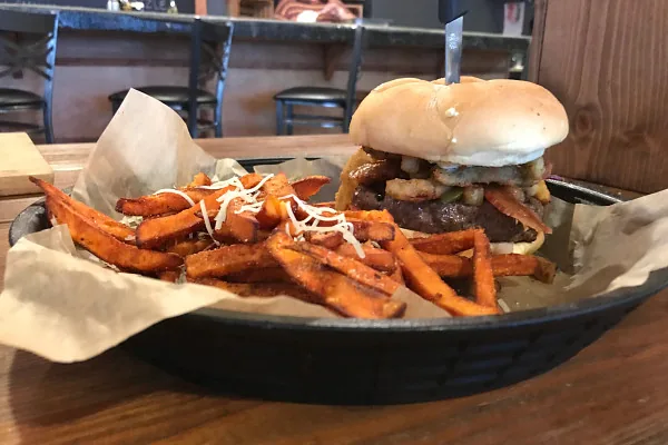 Burger and sweet potato fries at The Pour House Bistro in Crossville
