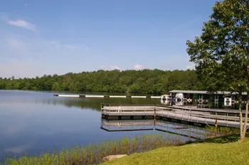 Meadow Park Lake with its dock and wooded shoreline near Crossville